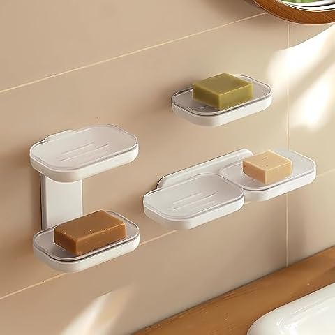 SUPTEC Soap Box Holder, 2 Pack No-Drilling Soap Holder Self Adhesive Wall Mount Stand Soap Dish for Bathroom Cover