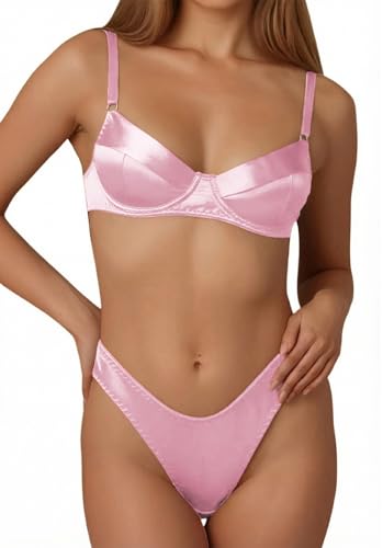 SEAUR Ensemble de lingerie sexy en satin pour femme - Sans rembourrage - Soutien-gorge à armatures avec string - 2 pièces, Rose, L