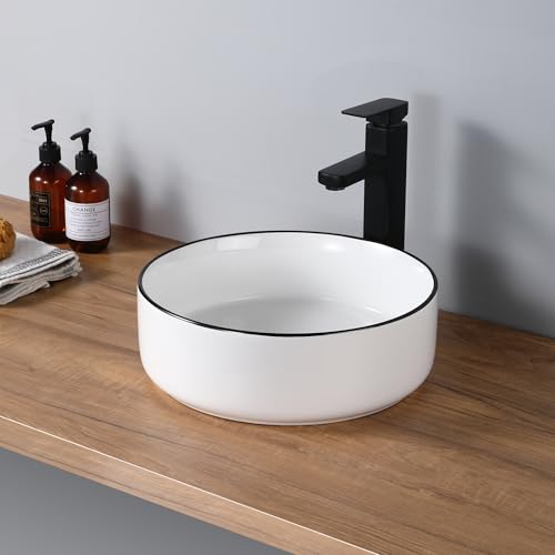 DILECI - Vasque à Poser Ronde en Céramique avec Liseré Noir - Lavabo Design Épuré et Élégant pour Salle de Bain - Style Contemporain et Durable -...