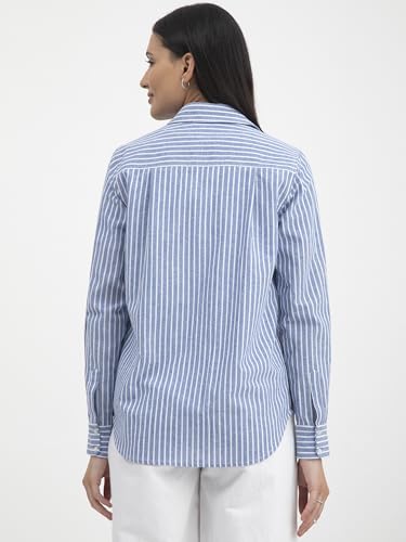 Image of FableStreet Women Shirt | Striped Long Sleeve Polo Collar Button Down | Breathable Linen Blend Fabric | Business Casual & Formal Wear