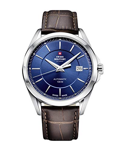 Swiss Military by Chrono Reloj para Hombre Movimiento Automático con Pulsera de Cuero Reloj Analogico Hombre Reloj Pulseras para Hombres Plata SMA34085.15