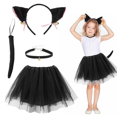 Capaneus Katzen Kostüm für Mädchen Kinder - Katzenkostüm mit Katzenschwanz, Katzenohren Haarreif, Glöckchen Halskette, Tüllrock Schwarz - Fasching, Karneval, Halloween Party
