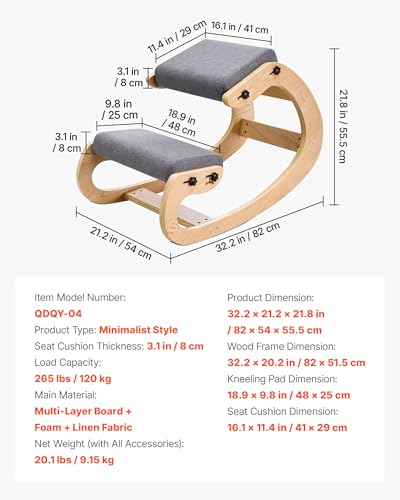 Image of VEVOR Ergonomic Kneeling Chair, Wooden Posture Knee Chair with Adjustable Thick Foam Cushions & Solid Wood Frame, Adjustable Height, Relief for Neck or Back Pain for Home, Office or Meditation, Gray