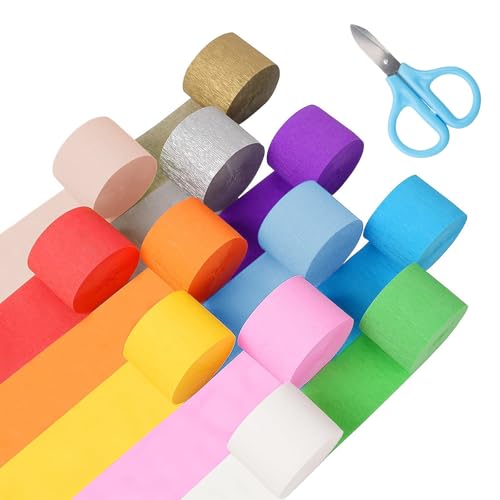 12 rollos de papel crepé multicolor, 12 colores, 4,5 cm x 25 m, cinta crepé para árbol de mayo, no es fácil de rasgar, papel crepé para manualidades, decoración de bodas, fiestas de cumpleaños