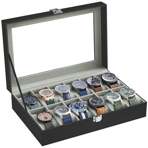 SONGMICS Watch Box with 12 Slots Watch Case with Glass Lid Watch Display Box with Removable Watch Pillows Metal Clasp Gift Idea Black Synthetic Leather Greenish Grey Lining JWB12BK