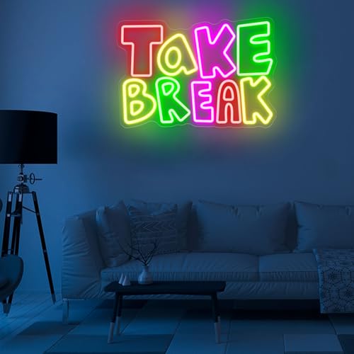 Image of Take Break Neon Sign, Letter Neon Light for Wall Decor, 15.31 inch x 10.62 inch LED Light for Gaming Room Man Cave Bedroom Window Party Bar Cafe Seating Area