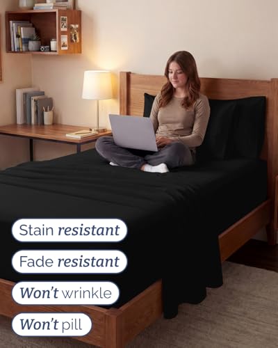 Image of Extra Deep Twin XL Sheet Set - 4 Piece Breathable & Cooling Sheets - Black | Hotel Luxury Bed Sheets Set, Easy & Secure Fit, Ultra-Soft, Wrinkle & Fade Free, Comfy Sheets Set with Extra Deep Pockets