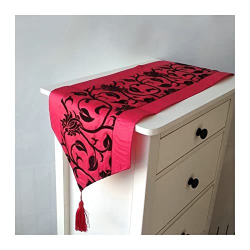 Chemin de table fleurs et feuilles rouge lavable 200cm