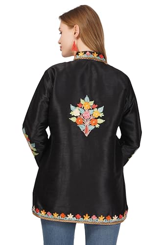 BATIN Short Kashmiri Embroidery Silk Jacket, Kashmiri Jacket for Women, Floral Embroidered Coat, Multicolour Short Coat2