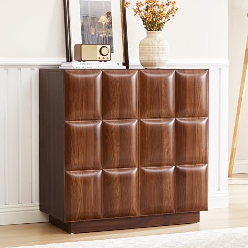 Sideboard Buffet Cabinet with Storage, Accent Storage Cabinets with 2 Doors, Mid Century Modern Credenza Wood Cabinet with Plaid Pattern, Console Bar Table for Living Room Dining Room Hallway, Walnut