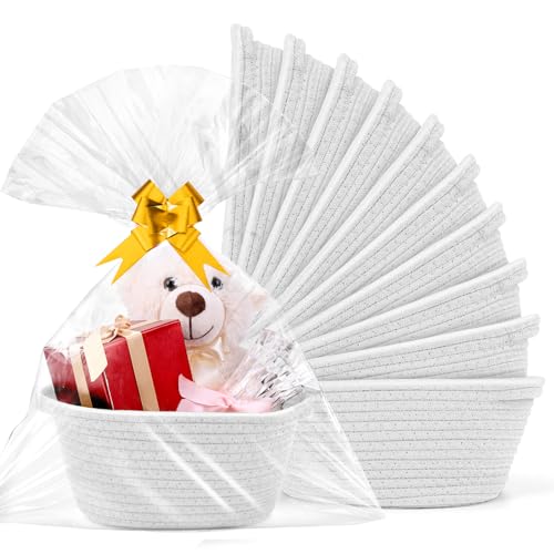 AFOROEOA 10PACK Baskets for Gifts Empty 12x 8x 5 Woven Gift Baskets with Gift Bags and Bows Empty Gift Baskets for Christmas Shelf Small Storage Baskets with Handles White