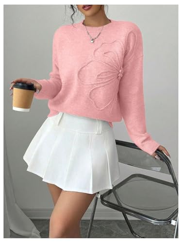 Image of RoseSeek Women's 3D Floral Appliques Crewneck Sweaters Long Sleeve Drop Shoulder Pullovers Elegant Knit Tops