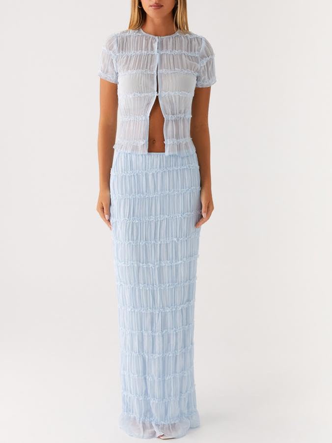 Women Y2k 2 Piece Maxi Skirt Set Ruched Short Sleeve Crop Top Flowy Ruffle Long Skirt Outfits Streetwear3