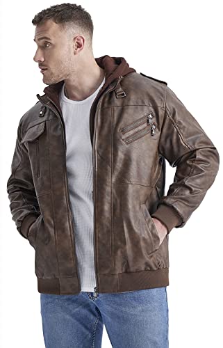LOUECHY Men's Faux Leather Jacket Stand Collar Zip-Up Motorcycle Jacket with Removable Hood4