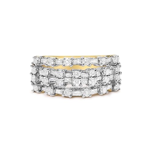 14K Yellow Gold 1.0 Cttw Round and Baguette Diamond Multi-Row Band Ring - Size 7