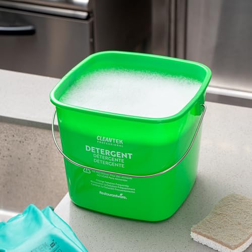Image of Restaurantware Plastic Buckets with Stainless Steel Handle Pack of 10, 6 Quart Plastic Cleaning Pails, Green Square Design, Measurement Graduations, for Janitorial and Foodservice Use