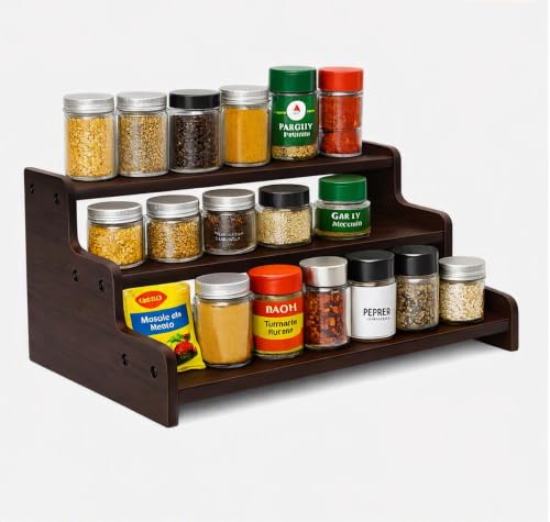 Image of Wooden Kitchen Rack 3 Tier Kitchen Organizer Brown Rack for Countertop Wood Kitchen Pantry Cabinet Organizer (DIY) Brown A (Brown A)