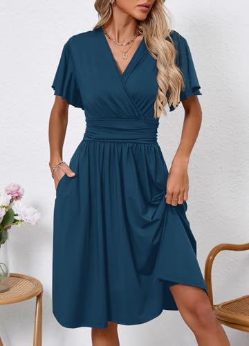 Image of Women's Casual Summer Dress V Neck Short Sleeve Flowy Stretchy Comfort Fit for Daily Wear Work Midi Dresses