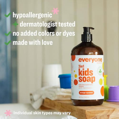 Everyone 3-in-1 Kids Soap, Body Wash, Bubble Bath, Shampoo, 32 Ounce (Pack of 2), Orange Squeeze, Coconut Cleanser with Organic Plant Extracts and Pure Essential Oils (Packaging May Vary)