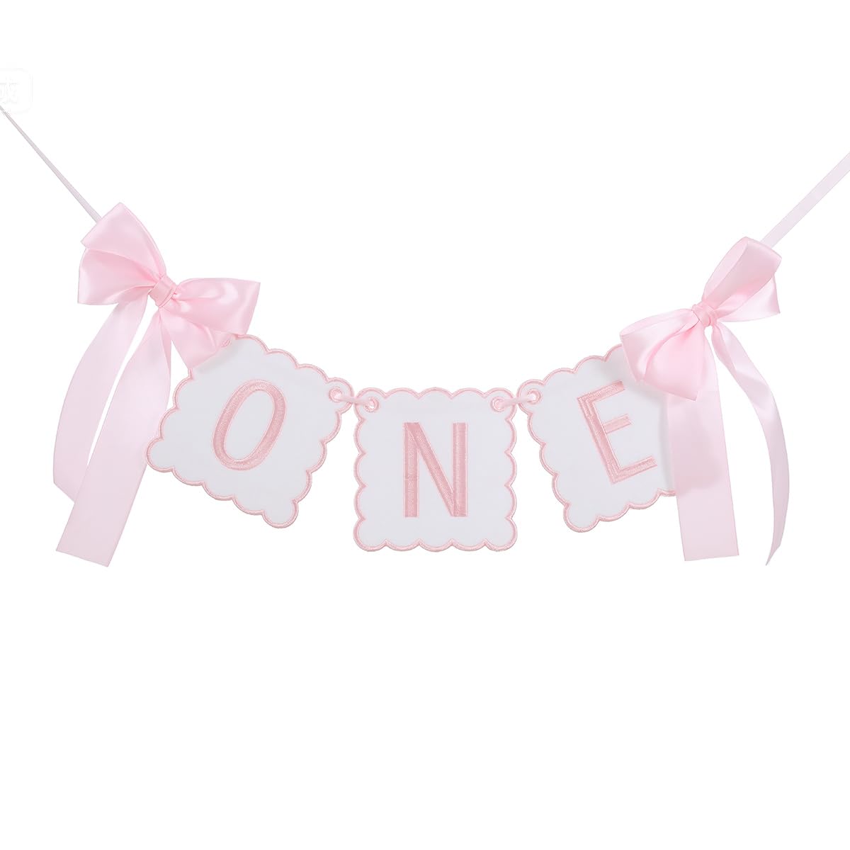 Photo 1 of Pink Bow Themed "One" High Chair Banner - Pink Bow Girl 1st Party Decoration,Coquette Scalloped Embroidered First Party Cake Smash Prop for Women Baby Shower High Chair Decor