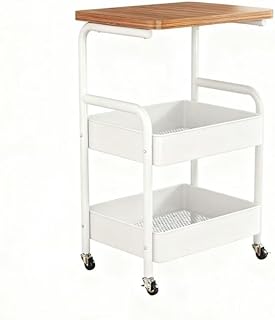 3-Tier Metal Serving Trolley with Wheels – Kitchen & Dining Utility Cart with Wooden Top Shelf | Multi-Purpose Storage Organizer for Home