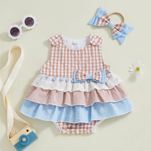 Newborn Infant Baby Girl Clothes Sleeveless Plaid Romper Dress Bow Layer Tutu Dresses Bow Headband Summer Bodysuit2