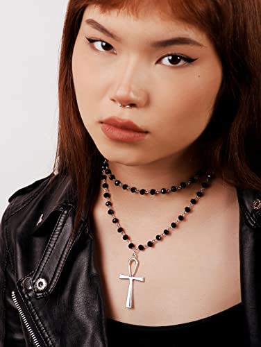 Sacina Layered Black Ankh Cross Choker, Beaded Choker, Gothic Emo Punk Grunge Necklace, Goth Jewelry, Halloween Christmas Jewelry Gift for Women3