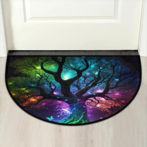 Image of Half Round Doormat Tree of Life Butterfly Non Slip Half Circle Area Rugs Indoor Washable Half Moon Rug Semi Circle Bathroom Runner Mat Entrance Floor Carpet for Kithen Bedroom Fireplace Decor
