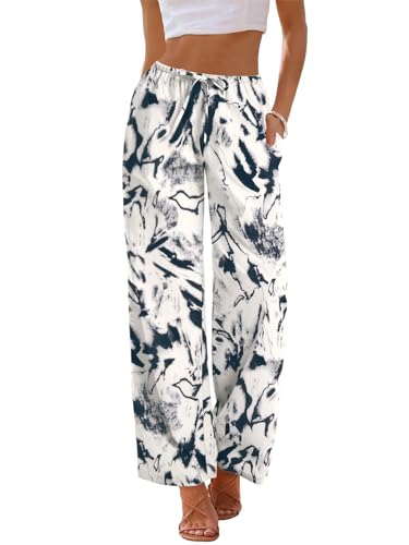 AKEWEI Women Casual Summer Palazzo Pants Drawstring Waist Wide Leg Lightweight Beach Trousers with Pockets