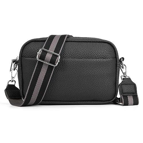 Chililon Leren schoudertas voor dames, crossbody tas, damestas met afneembare brede schouderriem en 3 vakken, zwart