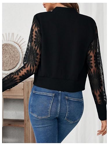 GORGLITTER Women's Bomber Jacket Lace Sheer Mesh Zip Up Long Sleeve Festival Goth Jackets Baseball Jacket2