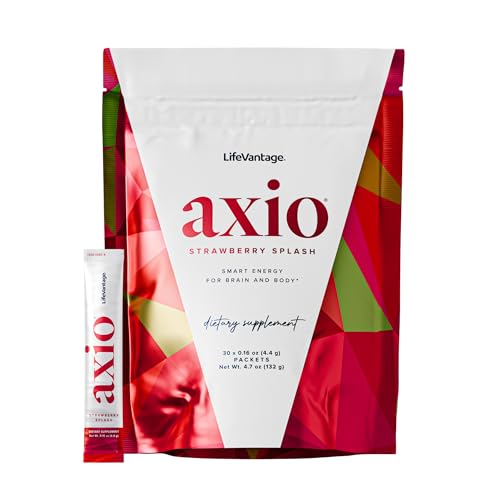 Image of LifeVantage AXIO Regular Energy Drink Powder, Nootropic Supplement, Focus & Mood Support, with L-theanine, Green Tea, B Vitamins, DMAE, Quercetin & Pine Bark, Strawberry Splash, 30 Packets