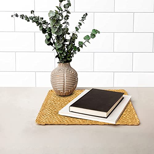 Image of Square Woven Placemats Set of 4 Straw Table Placemat Extra Wide Braided Rattan Place Mats for Square Plates Farmhouse Placemat Wipeable Wicker Outdoor Placemats for Patio Table 13.4''