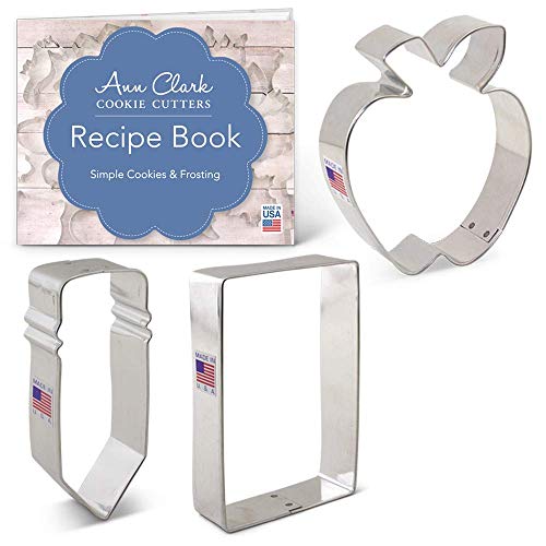 Ann Clark Cookie Cutters 3-Piece Back to School Cookie Cutter Set with Recipe Booklet, Apple, Pencil
