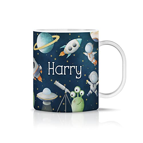 iCaseDesigner Personalised Childrens Mug - Unbreakable Lightweight Polymer - Add Your Own Name - Spaceman Alien Planets