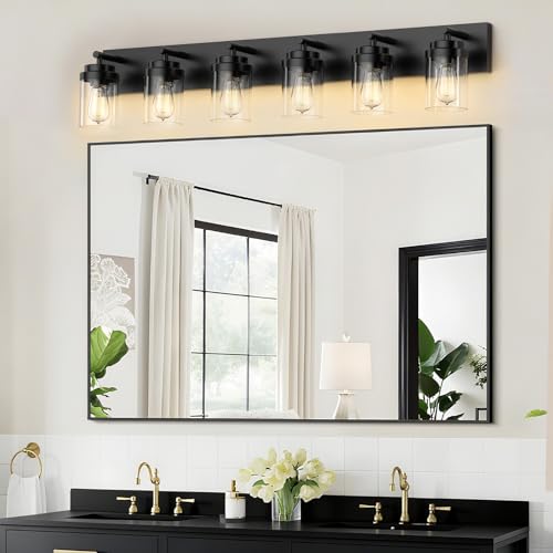 Image of IZORRO Bathroom Vanity Light Fixture, 6-Light 46 Inch Matte Black Bathroom Light Fixtures Over Mirror, with Clear Glass Shade, Modern Farmhouse Vanity Lights, Rustic Restroom Lighting Fixtures