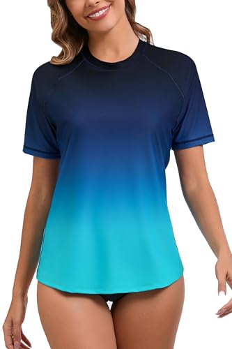 Halcurt Women's Short Sleeve Rash Guard Swimsuit Top with Built in Bra Swim Shirt UPF50+ Quick Dry Bathing Suit Ombre Blue 2XL