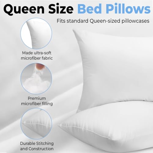 QUBA LINEN Queen Size Bed Pillows - Set of 2, Medium Density, Soft and Supportive for Back, Side, and Stomach Sleepers (Queen (Pack of 2)) (White, Pack of 2)