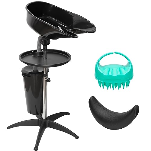 Portable Shampoo Bowl Unit, with Bucket Basin, Massage Brush, Headrest, organizer tray and Height Adjustable Barber and Stylist Hair Salon Shampoo Sink(Round)