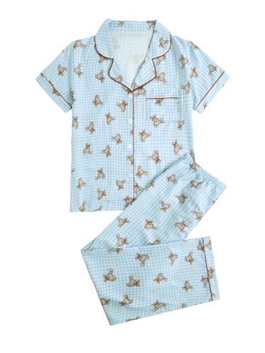 Image of Verdusa Women's 2 Piece Pajama Sets Cute Printed Fall Pajamas Sleepwear Button Up Shirt with Pants Lounge Pjs