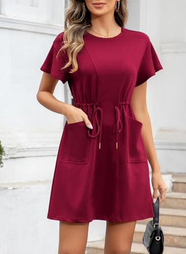 Image of EVALESS Womens Spring Summer Dresses 2026 Casual Round Neck Ruffle Short Sleeve Flowy A Line Mini Dress with Pockets