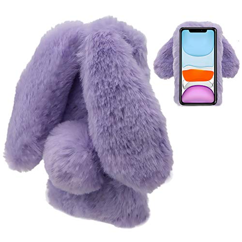 LCHDA Funda de Peluche para iPhone 13/13 Pro de 6,1 Pulgadas, Suave Pelo Artificial de Conejo, Lindo Orejas de Conejo, para Niñas, Funda de Teléfono Móvil Antigolpes
