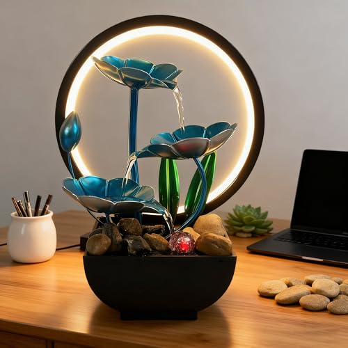 AOZITA Tabletop Fountain, Indoor Waterfall Fountain, Small Home Décor Zen Relaxation Soothing Sound Machine for Office, Living Room, or Bedroom,Blue Metal Lotus with Bud, River Rocks,Round LED by AOZITA - Used condition - US$37.90