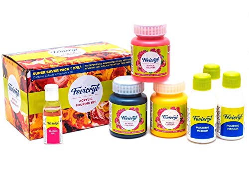 Fevicryl Fluid Acrylic Pouring Kit, 3 Acrylic Colours (100ml Each), 3 Pouring Mediums, 1 Silicon Oil