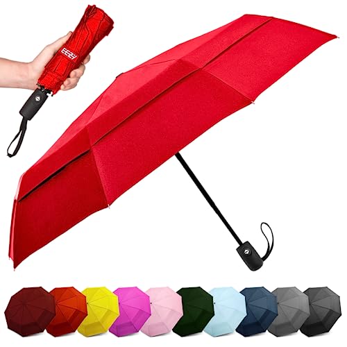 EEZ-Y Compact Travel Umbrella w/Windproof Double Canopy Construction - Auto Open Close Button for One Handed Operation - Sturdy Portable and Lightweight for Easy Carry