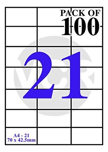 VCR A4 Size White Self Adhesive Label/Sticker for Printer (Inject/Copier/Laser) - Matte - 21 Sticker Per Sheet - 100 Sheets Pack