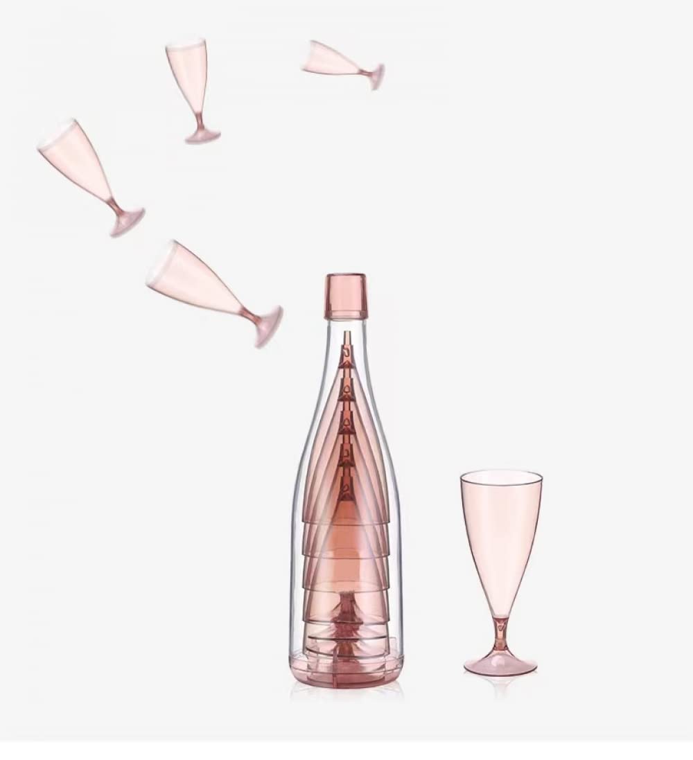 Weingläser und Champagnergläser aus Kunststoff, tragbare und Wiederverwendbare Stielgläser mit Aufbewahrungsflasche. Perfekt für Picknick, Party und Camping | 5er-Set | Rosa