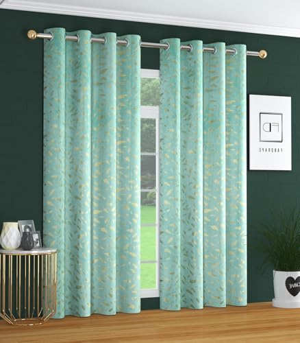 FABREEVA Heavy Velvet Fabric Luxury Attractive Looks Room Darkening Floral Foil Designer Curtains 11 Feet for Extra Long Door, Island Aqua, Pack of 4 Pieces Deal