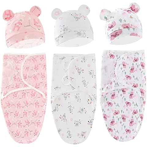 Exemaba Baby Swaddle Sleep Sack with Hat Set for 0-3 months Soft Cotton Newborn Wearable Swaddle Wrap for Girls (Rabbit & Girl & Bear) Cover