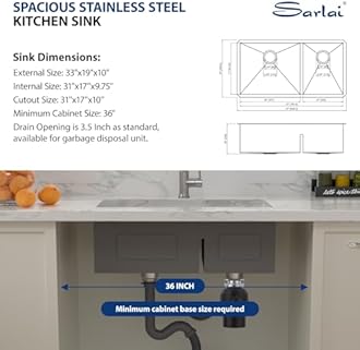 Sarlai 33 Undermount Sink Double Bowl - 33x19 Kitchen Sink Low Divide Undermount Stainless Steel 16 Gauge Round Corner Double Bowl 60/40 Sink Basin